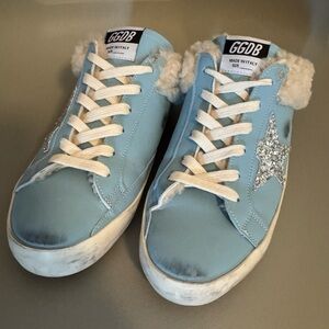 Golden Goose Blue and White Skater Sneakers with Silver Star